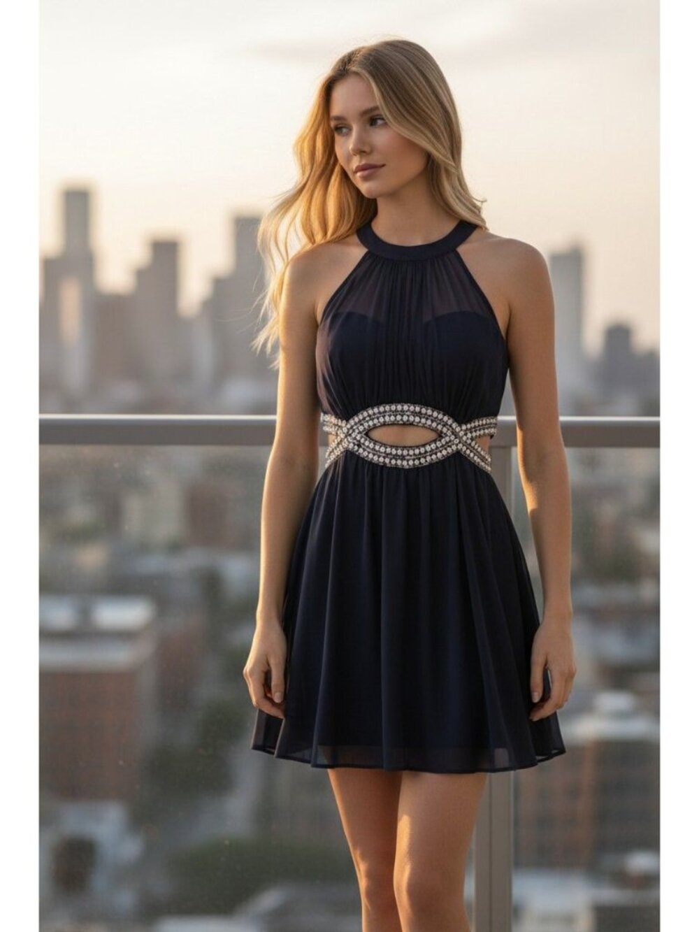 "It Girl" Blue Ruched Halter Mini Dress Glamorous Cocktail Art Deco Old Money